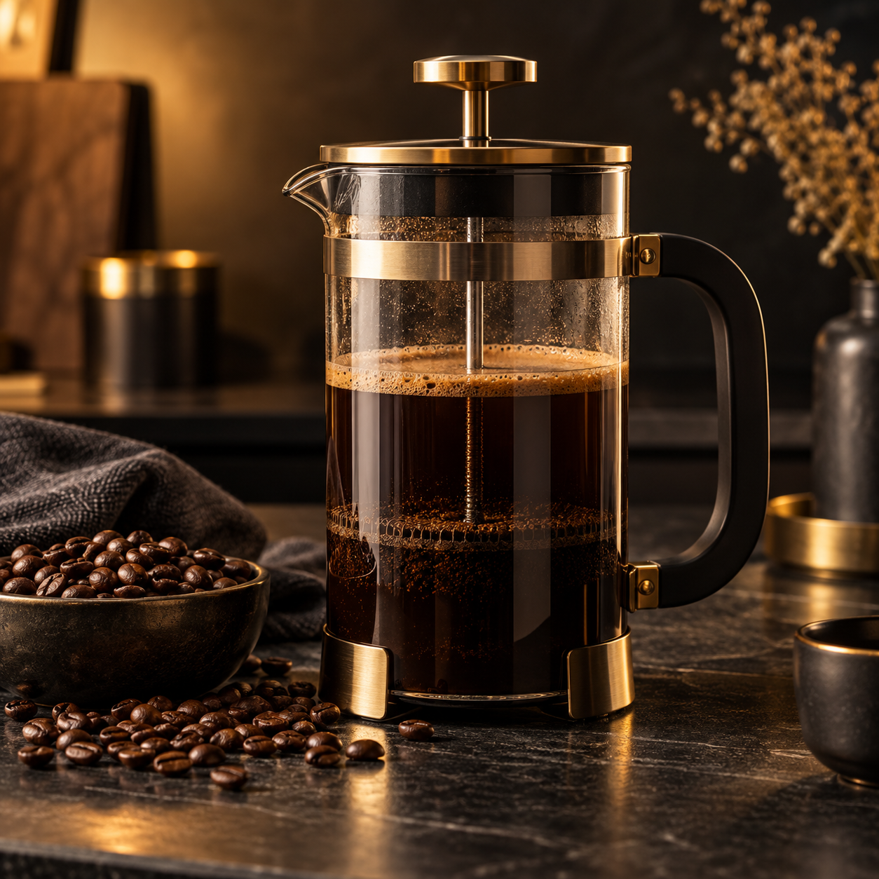 Cafetera French press con café preparado